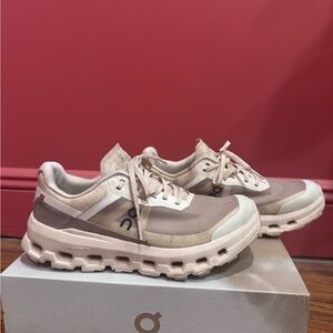 On Cloud Vista Taupe and Cream Hiking Sneakers